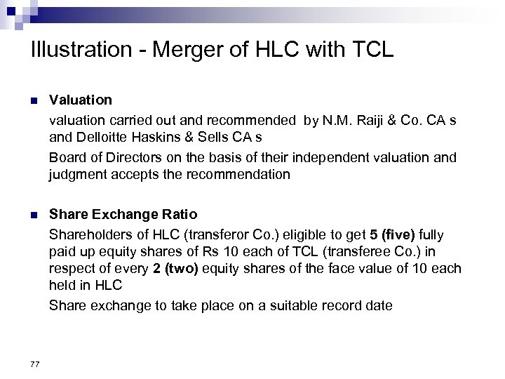 Illustration - Merger of HLC with TCL n Valuation valuation carried out and recommended