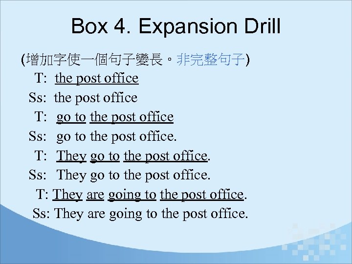 Box 4. Expansion Drill (增加字使一個句子變長。非完整句子) T: the post office Ss: the post office T: