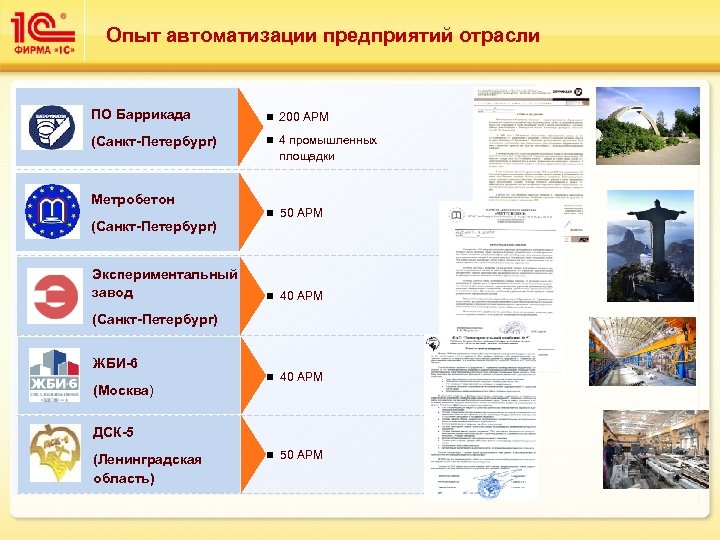 Опыт автоматизации предприятий отрасли ПО Баррикада n 200 АРМ (Санкт-Петербург) n 4 промышленных площадки
