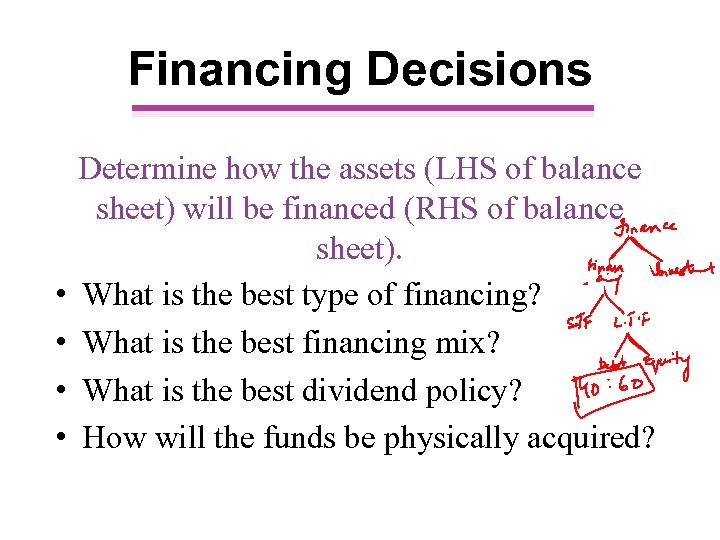 Financing Decisions • • Determine how the assets (LHS of balance sheet) will be