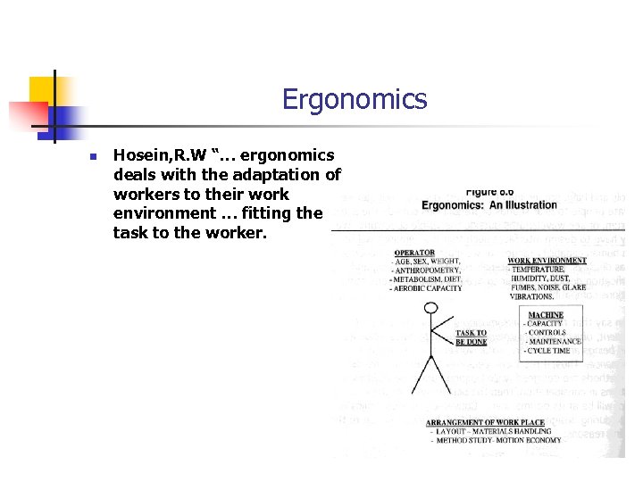 Ergonomics n Hosein, R. W “… ergonomics deals with the adaptation of workers to
