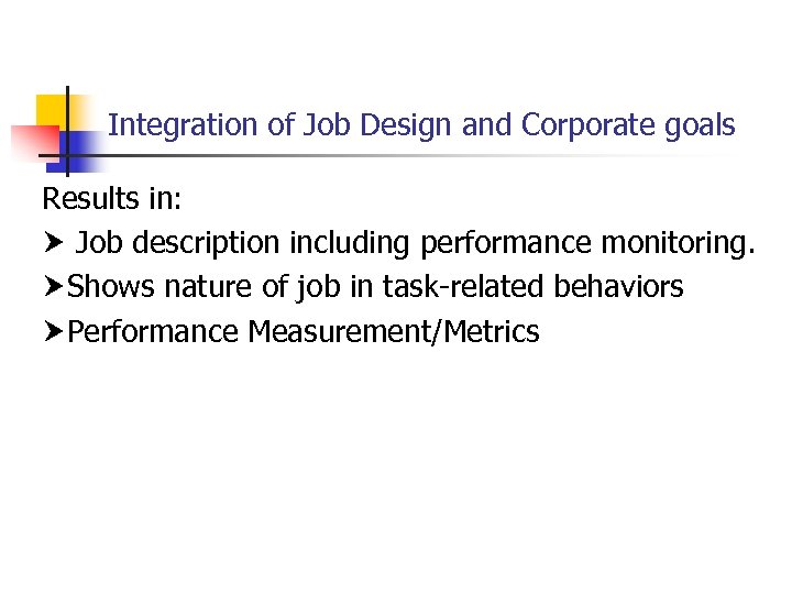 Integration of Job Design and Corporate goals Results in: Job description including performance monitoring.