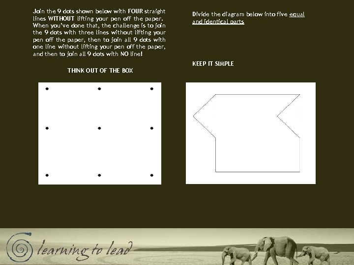 Join the 9 dots shown below with FOUR straight lines WITHOUT lifting your pen