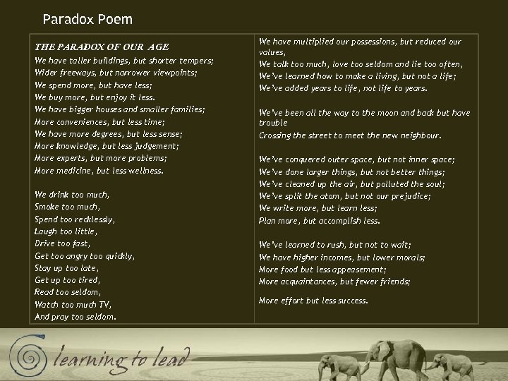 Paradox Poem THE PARADOX OF OUR AGE We have taller buildings, but shorter tempers;