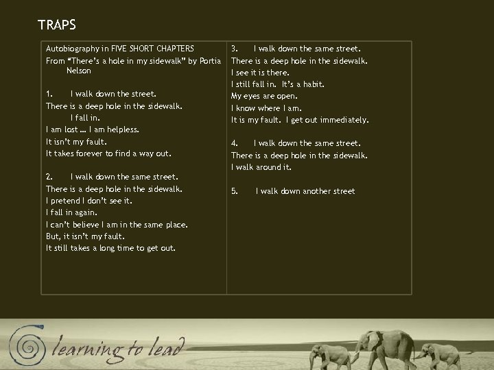 TRAPS Autobiography in FIVE SHORT CHAPTERS From “There’s a hole in my sidewalk” by