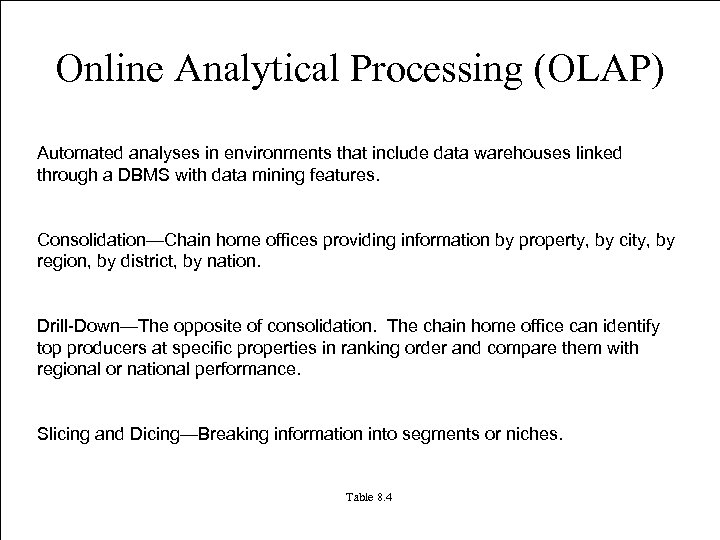 Online Analytical Processing (OLAP) Automated analyses in environments that include data warehouses linked through