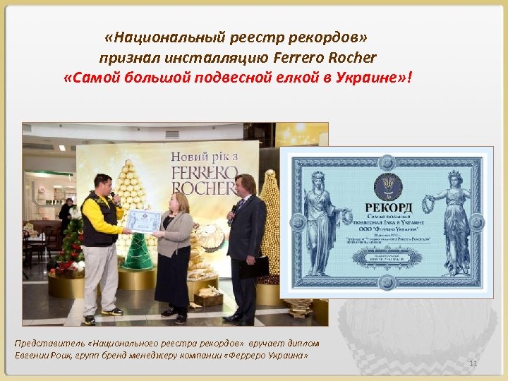  «Национальный реестр рекордов» признал инсталляцию Ferrero Rocher «Самой большой подвесной елкой в Украине»