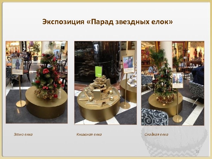 Экспозиция «Парад звездных елок» Этно елка Книжная елка Сладкая елка 15 