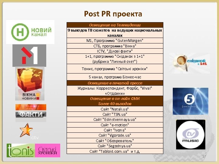 Post PR проекта Освещение на Телевидении 9 выходов ТВ сюжетов на ведущих национальных каналах