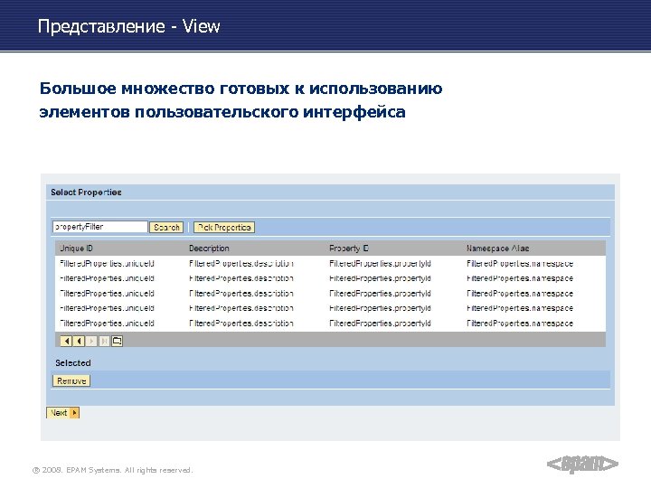 Представление - View Большое множество готовых к использованию элементов пользовательского интерфейса ® 2008. EPAM