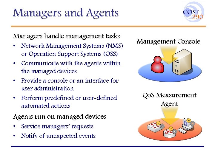 Managers and Agents Managers handle management tasks • Network Management Systems (NMS) or Operation