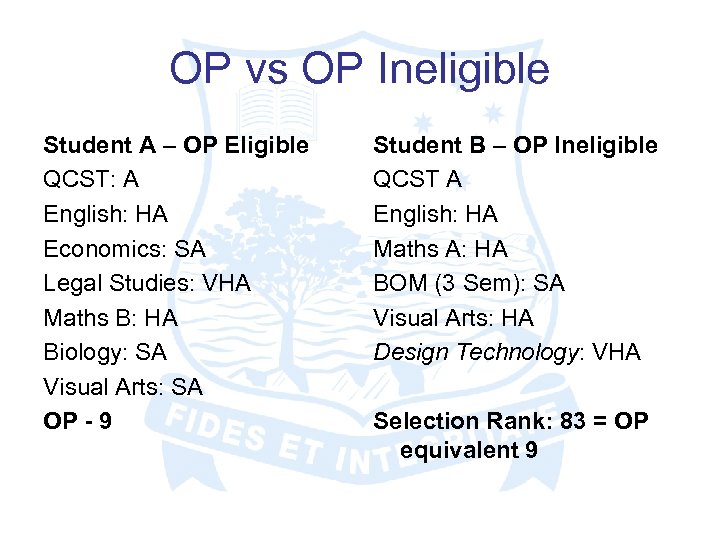 OP vs OP Ineligible Student A – OP Eligible QCST: A English: HA Economics: