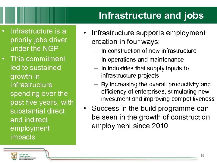 Infrastructure and jobs • Infrastructure is a priority jobs driver under the NGP •