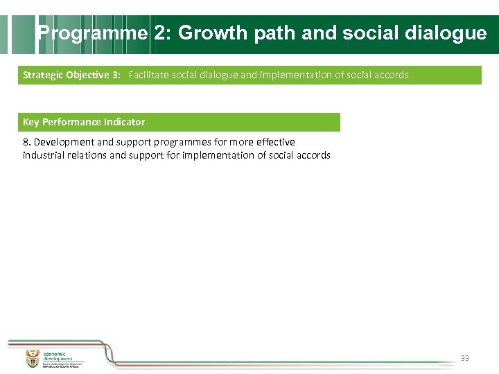 Programme 2: Growth path and social dialogue Strategic Objective 3: Facilitate social dialogue and