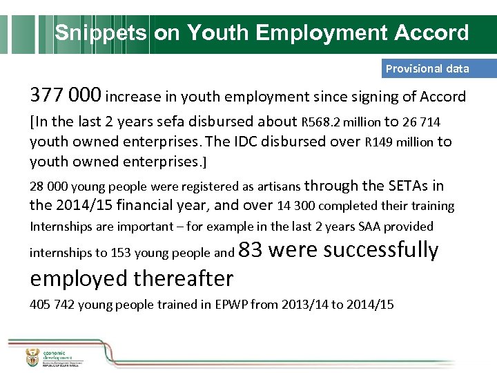 Snippets on Youth Employment Accord Provisional data 377 000 increase in youth employment since
