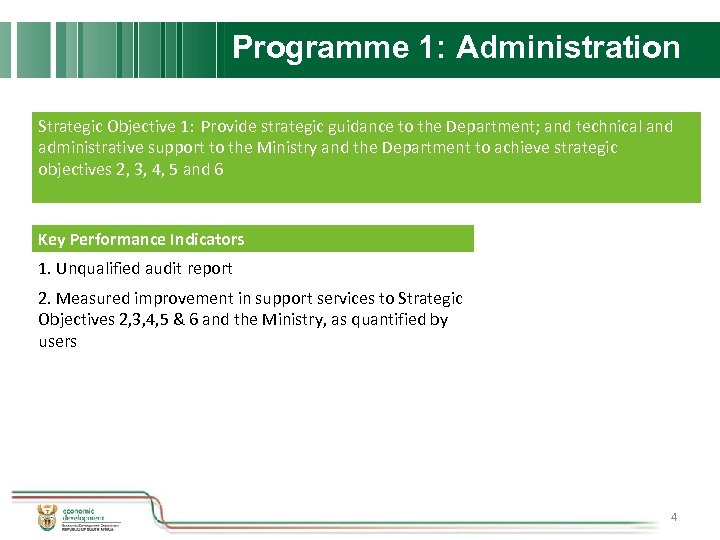 Programme 1: Administration Strategic Objective 1: Provide strategic guidance to the Department; and technical