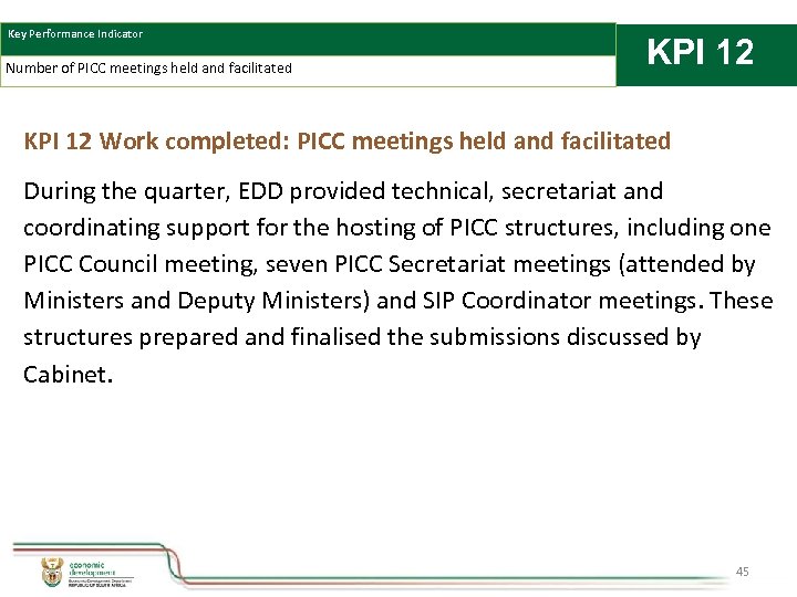 Key Performance Indicator Number of PICC meetings held and facilitated KPI 12 Work completed: