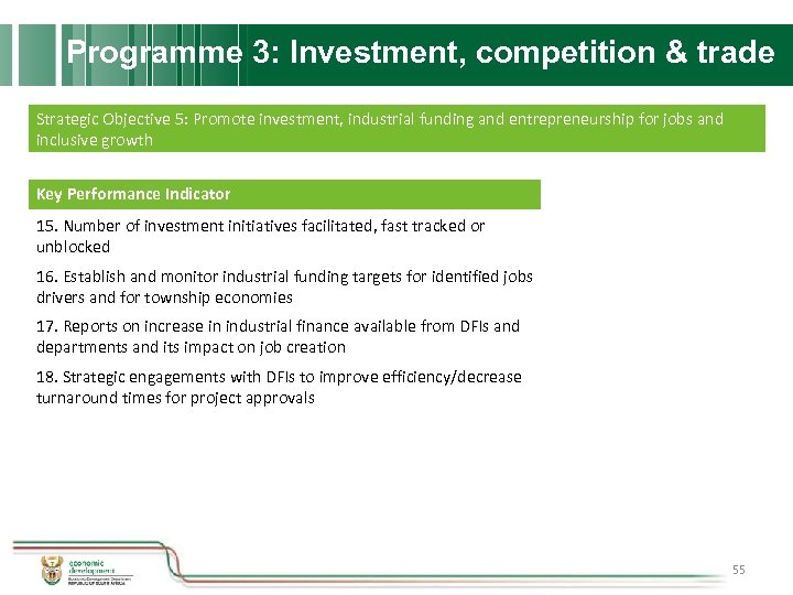 Programme 3: Investment, competition & trade Strategic Objective 5: Promote investment, industrial funding and