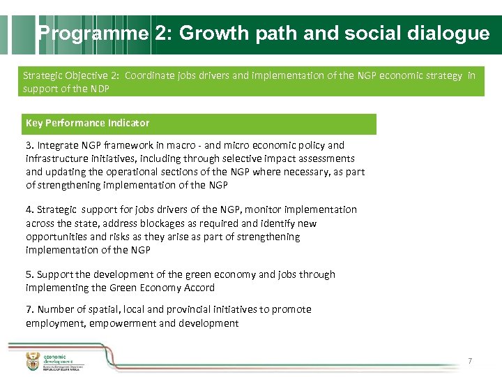 Programme 2: Growth path and social dialogue Strategic Objective 2: Coordinate jobs drivers and