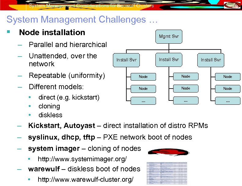System Management Considerations for Beowulf Clusters System Management Challenges … § Node installation Mgmt