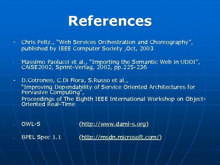References - Chris Peltz. , “Web Services Orchestration and Choreography”, published by IEEE Computer