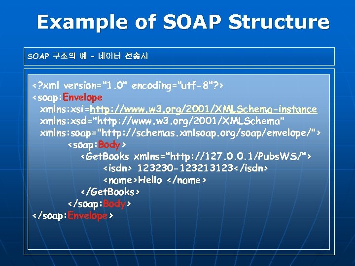 Example of SOAP Structure SOAP 구조의 예 – 데이터 전송시 <? xml version="1. 0"