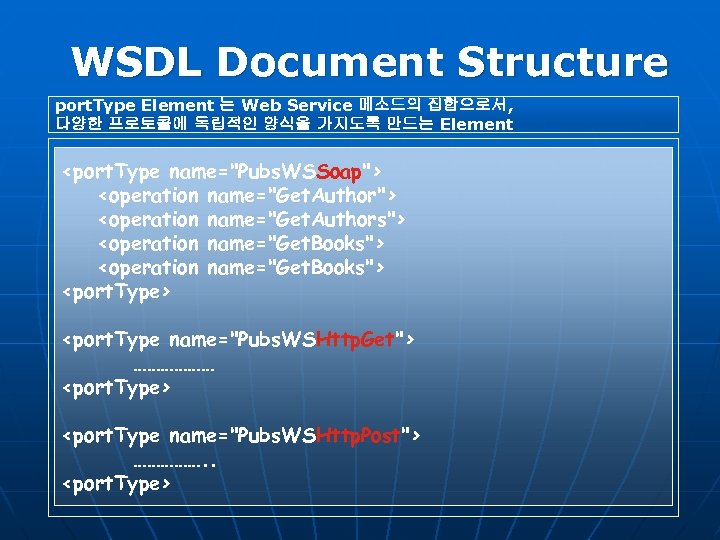 WSDL Document Structure port. Type Element 는 Web Service 메소드의 집합으로서, 다양한 프로토콜에 독립적인