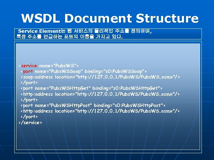 WSDL Document Structure Service Element는 웹 서비스의 물리적인 주소를 정의하며, 특정 주소를 언급하는 포트의