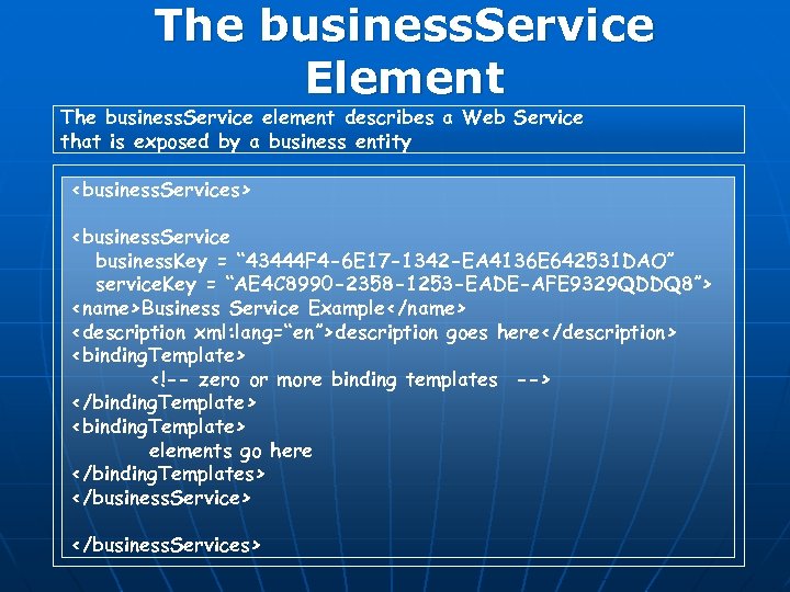 The business. Service Element The business. Service element describes a Web Service that is