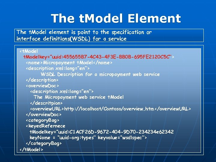 The t. Model Element The t. Model element is point to the specification or