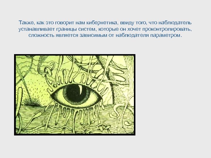 Также, как это говорит нам кибернетика, ввиду того, что наблюдатель устанавливает границы систем, которые