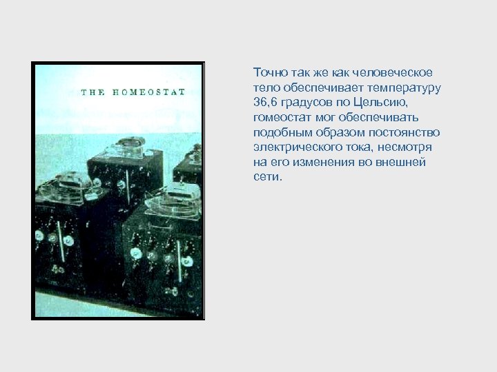 Точно так же как человеческое тело обеспечивает температуру 36, 6 градусов по Цельсию, гомеостат