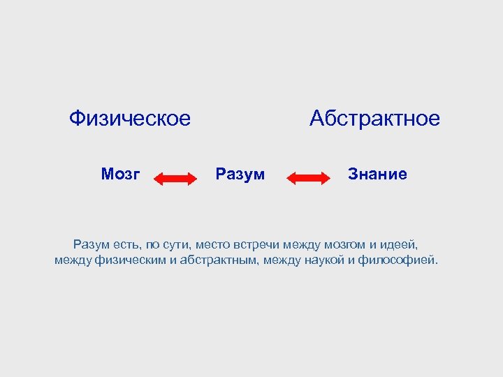 Физическое Мозг Абстрактное Разум Знание Разум есть, по сути, место встречи между мозгом и