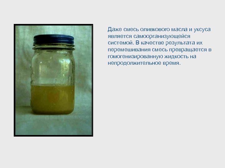 Даже смесь оливкового масла и уксуса является самоорганизующейся системой. В качестве результата их перемешивания