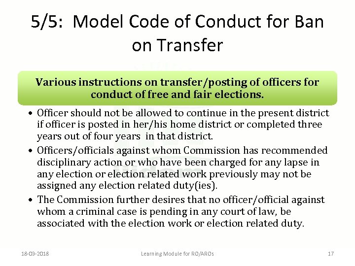 5/5: Model Code of Conduct for Ban on Transfer Various instructions on transfer/posting of