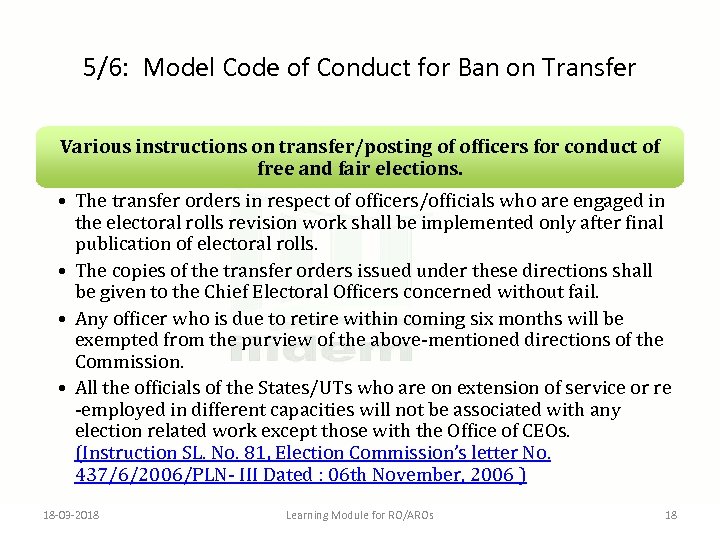 5/6: Model Code of Conduct for Ban on Transfer Various instructions on transfer/posting of