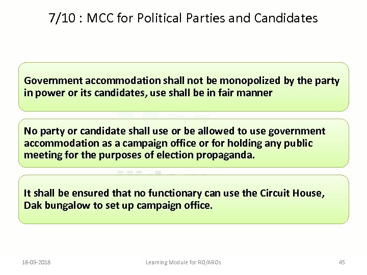 7/10 : MCC for Political Parties and Candidates Government accommodation shall not be monopolized