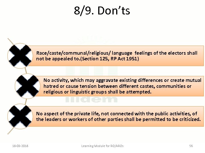 8/9. Don’ts Race/caste/communal/religious/ language feelings of the electors shall not be appealed to. (Section