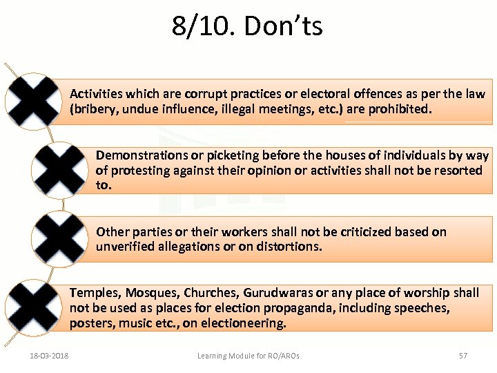 8/10. Don’ts Activities which are corrupt practices or electoral offences as per the law