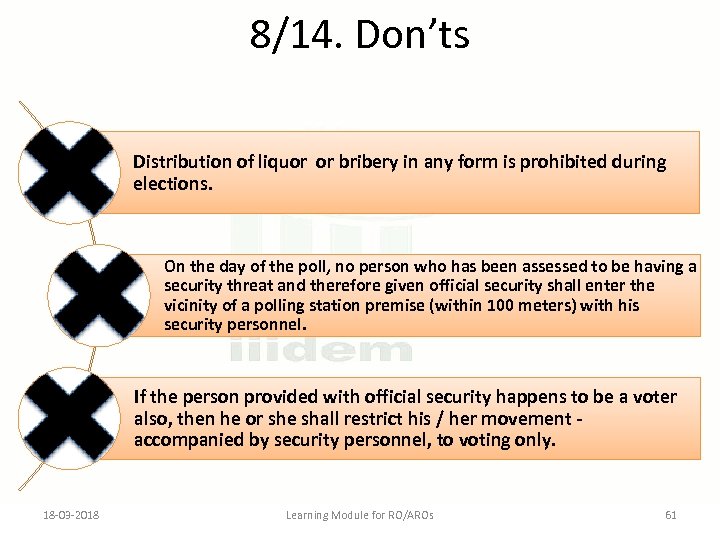 8/14. Don’ts Distribution of liquor or bribery in any form is prohibited during elections.