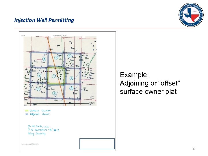 Injection Well Permitting Example: Adjoining or “offset” surface owner plat 32 