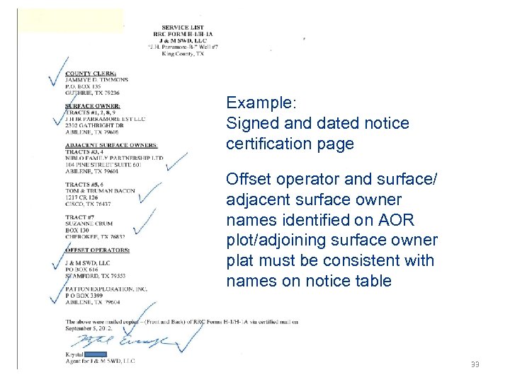 Example: Signed and dated notice certification page Offset operator and surface/ adjacent surface owner