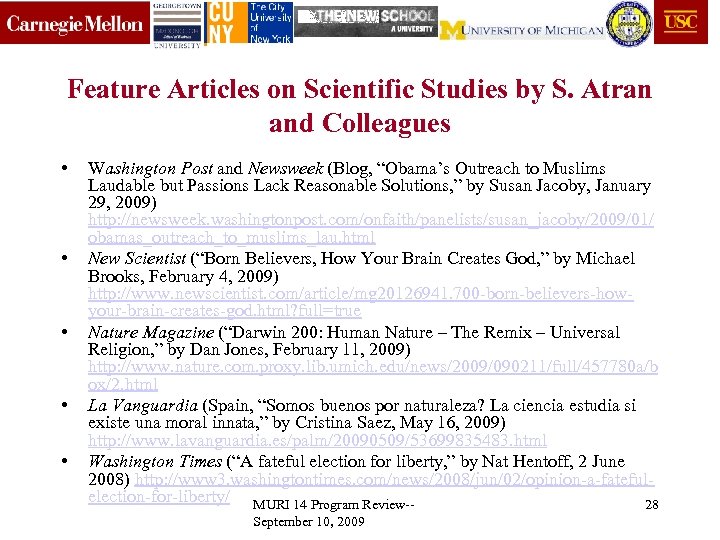 Feature Articles on Scientific Studies by S. Atran and Colleagues • • • Washington