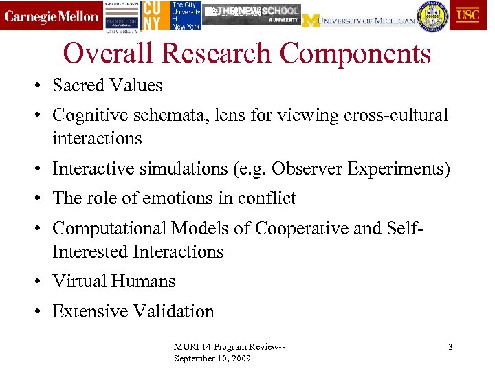 Overall Research Components • Sacred Values • Cognitive schemata, lens for viewing cross-cultural interactions