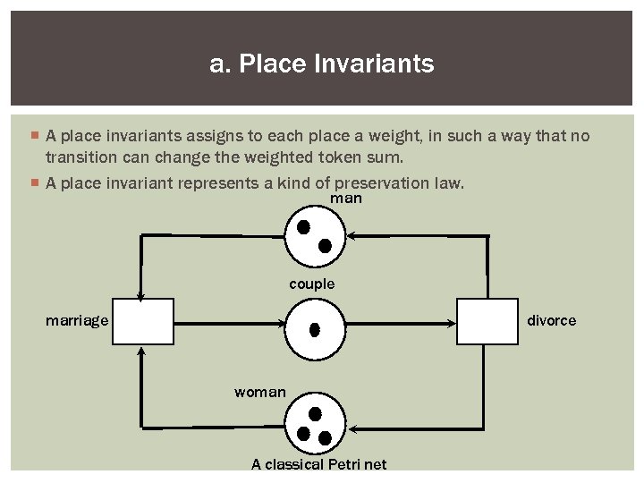 a. Place Invariants ¡ A place invariants assigns to each place a weight, in