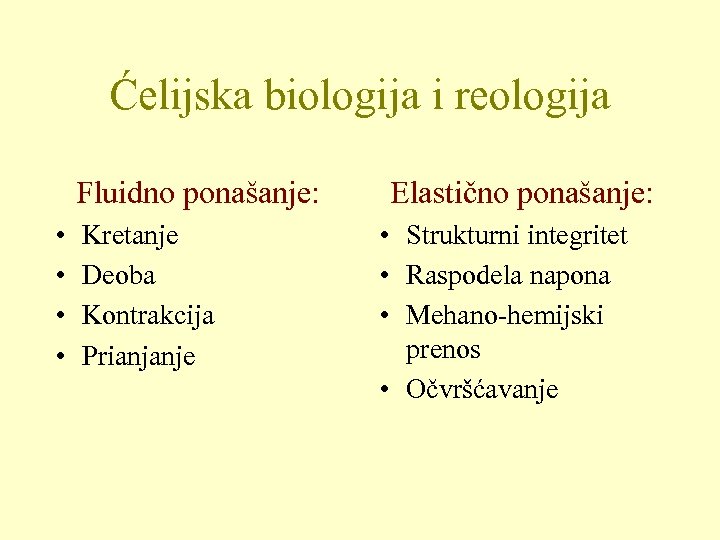 Ćelijska biologija i reologija Fluidno ponašanje: • • Kretanje Deoba Kontrakcija Prianjanje Elastično ponašanje:
