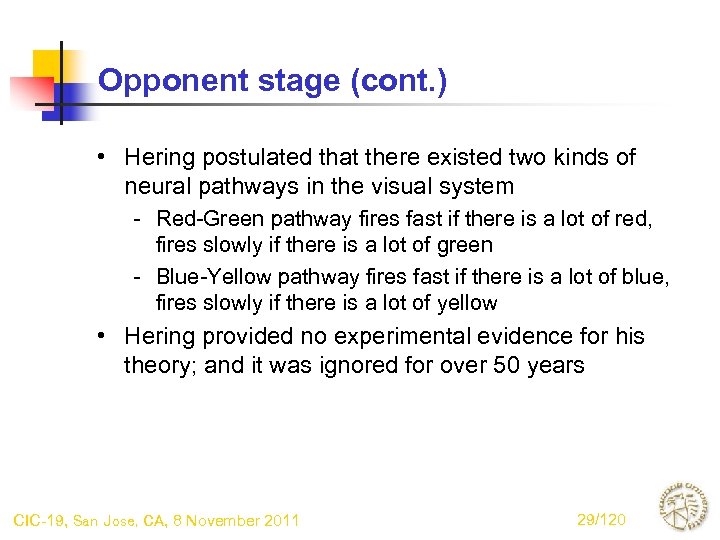 Opponent stage (cont. ) • Hering postulated that there existed two kinds of neural