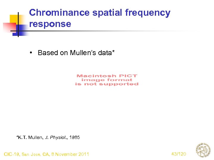 Chrominance spatial frequency response • Based on Mullen’s data* *K. T. Mullen, J. Physiol.