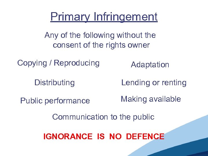 Primary Infringement Any of the following without the consent of the rights owner Copying