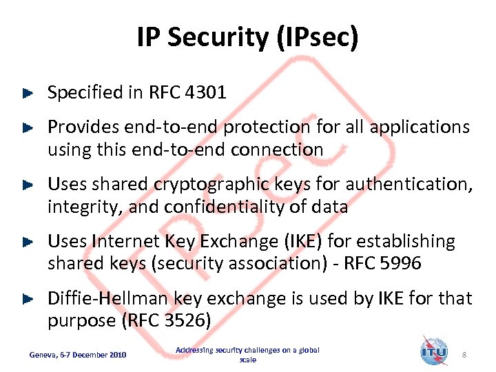IP Security (IPsec) Specified in RFC 4301 Provides end-to-end protection for all applications using